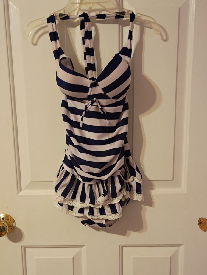 Navy And White Striped Ruffle One-Piece Swimsuit